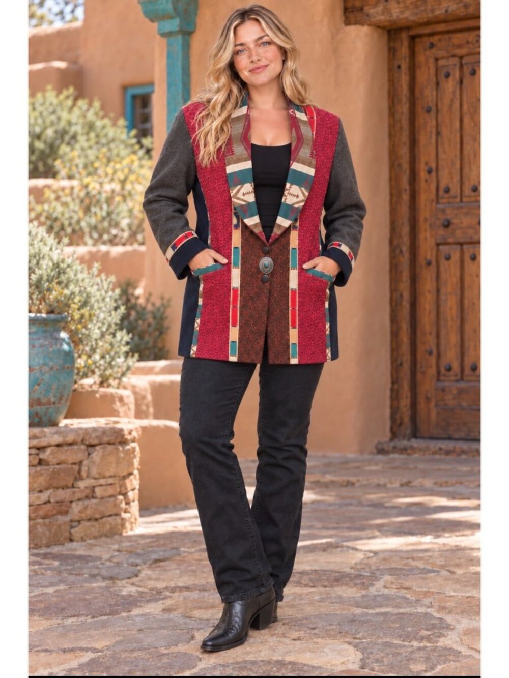 Handmade Y2K Women's XL Southwestern Wool Jacket 2 Snap Closures Copper Concho